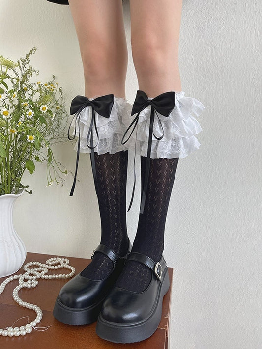 Bowknot Trims White/Black Print Underknee Stockings Lace Ruffle Heart
