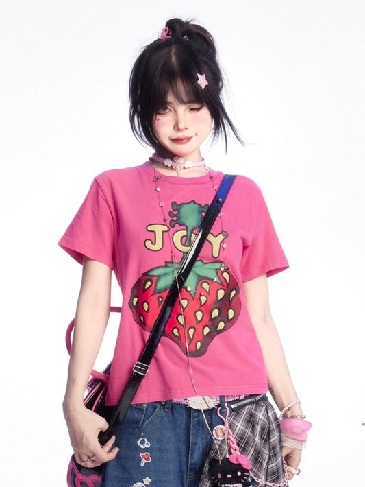 Vintage T-Shirt Rose Rot Rundhals Erdbeerdruck