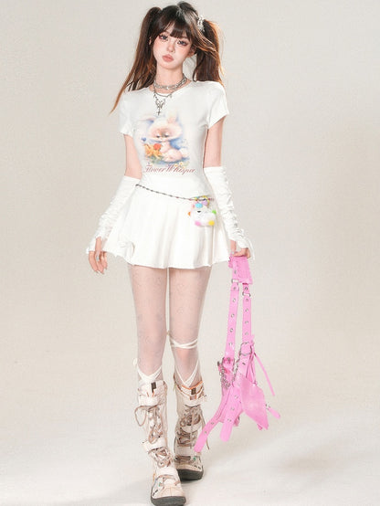 White/Black/Blue Glamorous And Print Sleeves Bunny With T-shirt Letter