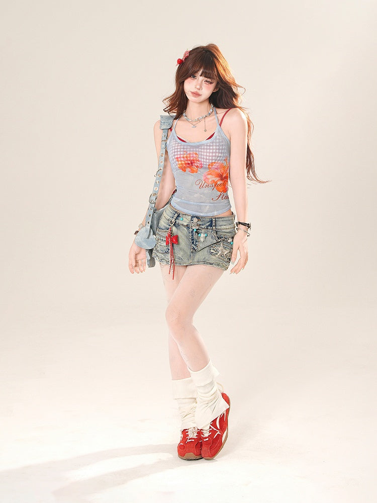 Pink/Blue Floral Print Semi-Sheer Halter Neck Top with Red Plaid Camisole Set