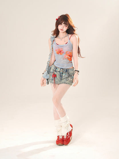 Pink/Blue Floral Print Semi-Sheer Halter Neck Top with Red Plaid Camisole Set