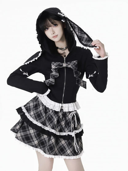 Lace-up Lace Trim Bunny Ears White/Black Design Hood Zip Closure Hoodie Sleeves Detachable