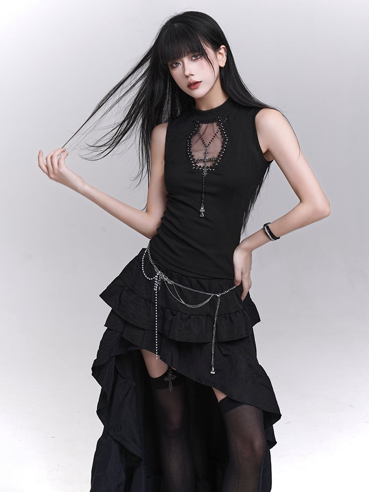 Necklace Tank Top Cross Coffin-Shaped Cutout Black with Studded Free