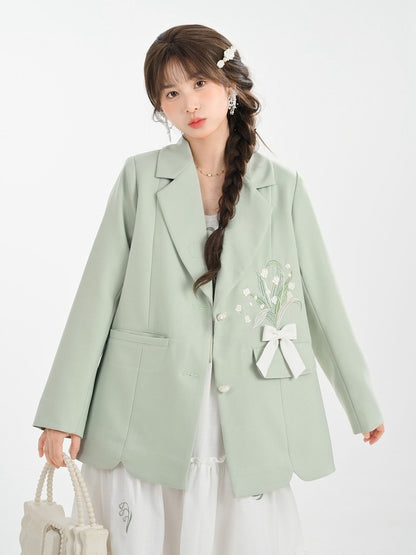 Floral Embroidery Green Heart-shaped Buttons Blazer