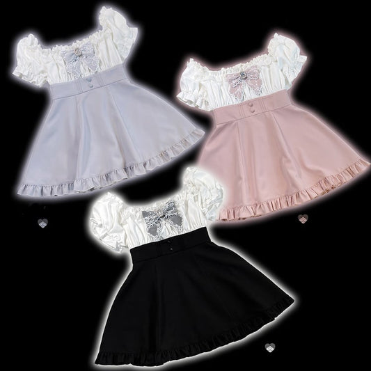 Off-the-shoulder Neckline Mini Dress and Shorts Set Jirai Kei Black/Pink/Blue