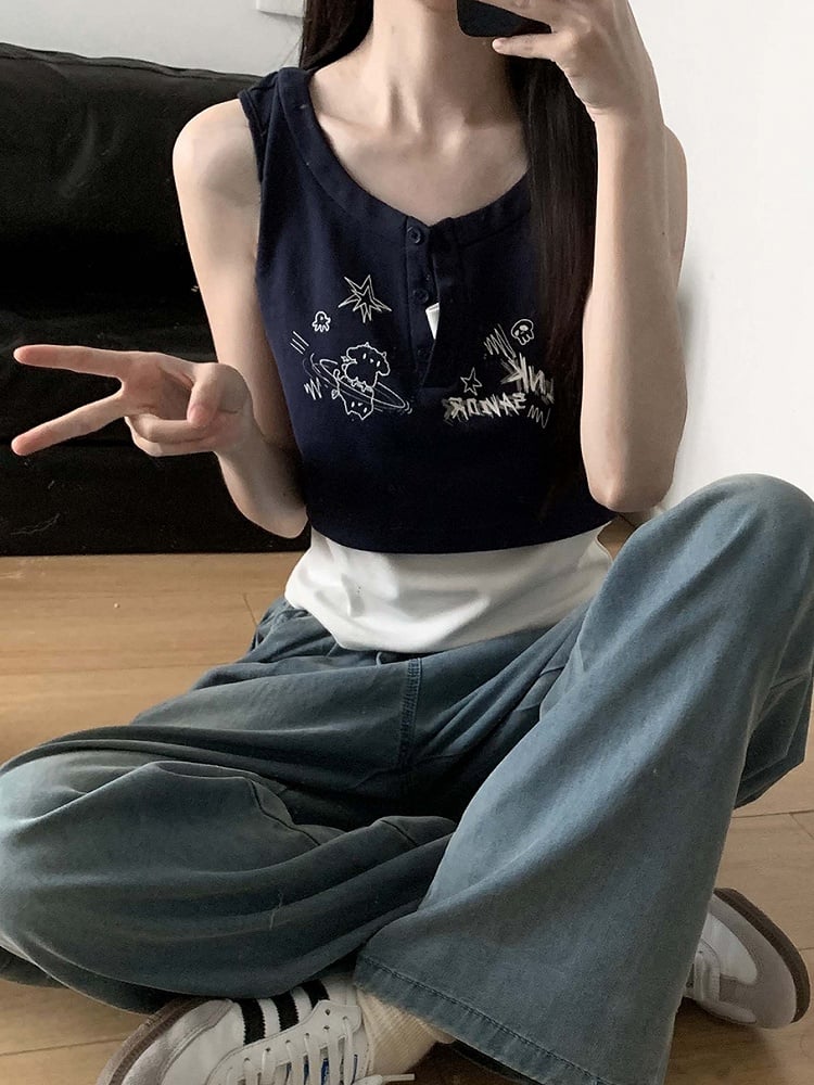 Graffiti Blue/Dusty Navy Top Two-pieces Blue/Dark Faux Print Tank Gray