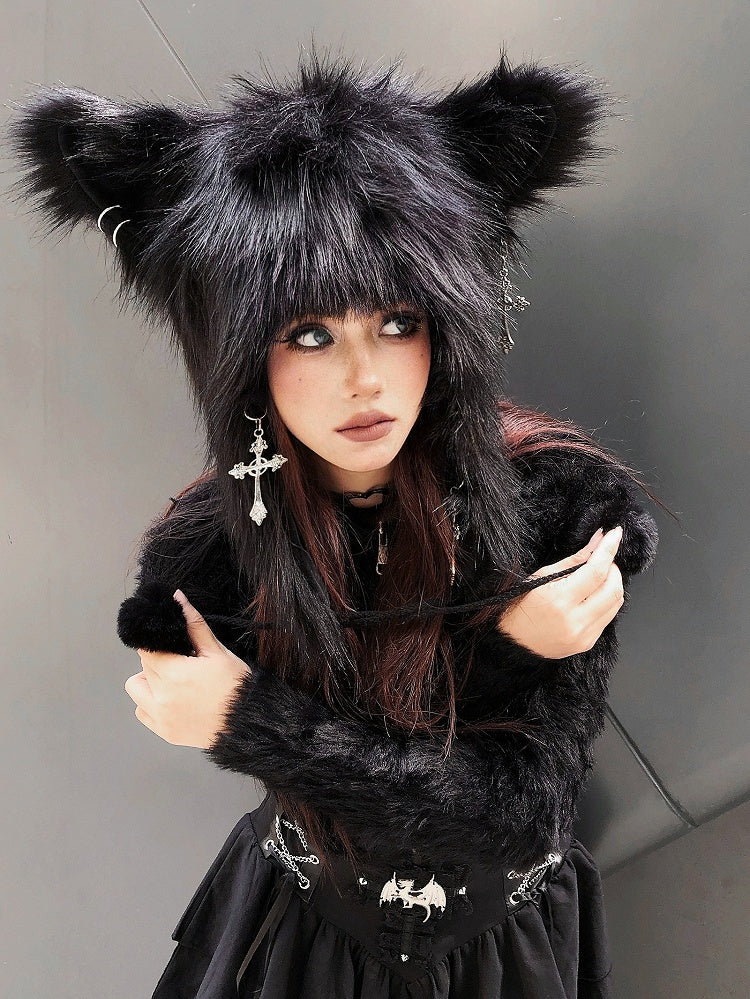 Punk Black Animal Ears Design Fluffy Pompoms Plush Hat