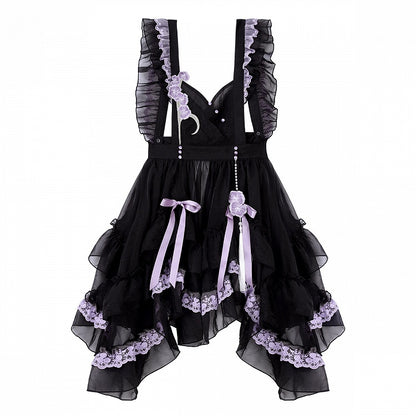 Delicate Butterfly Apron Lolita Dress Black Set Purple Han and Embroidery Full Floral +