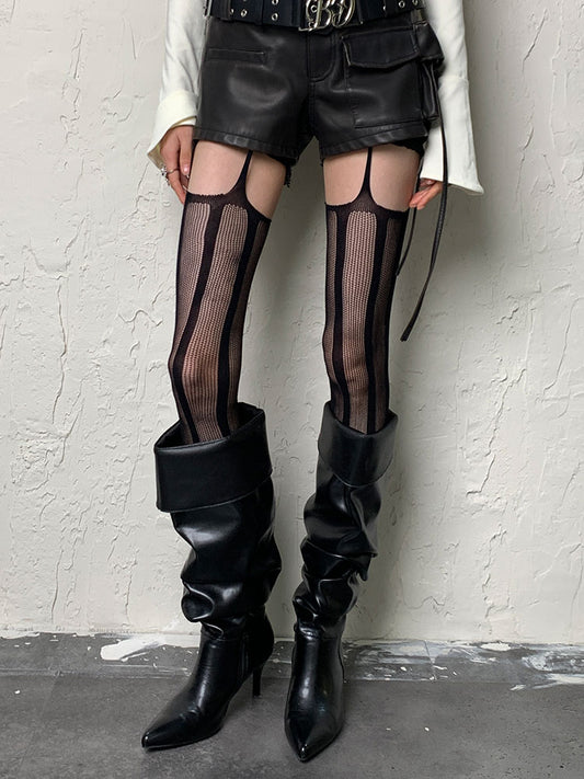 Punk Black Striped Cut-out Suspender Tights