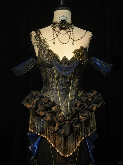 Black and Gold Tassels Boned Corset Top and Gold Chiffon Skirt