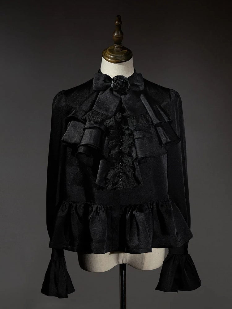 Black and Red Prince Outfit Ouji Lolita Full Set - Black Long Sleeves Shirt + Waistcoat + Black Pants