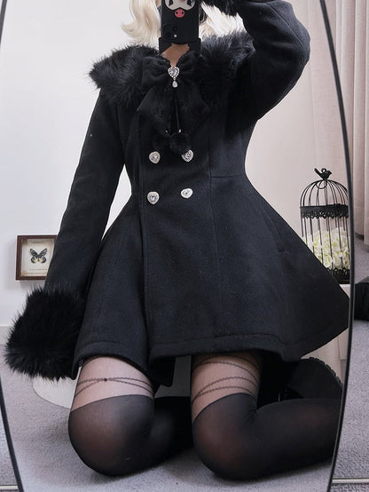 Jirai Kei Black Detachable Plush Collar and Cuffs Landmine Style Woolen Coat with Bow