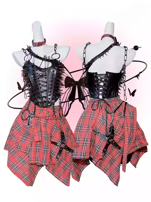 Haut camisole noir en PU avec chaîne et fermeture à lacets dans le dos