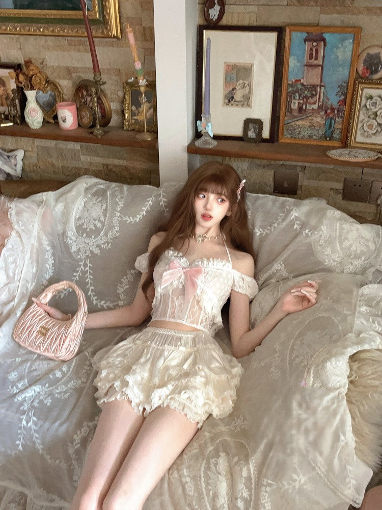 White Straps With Bow Pink Floral Embroidered Puff Sleeve Top Self-tie