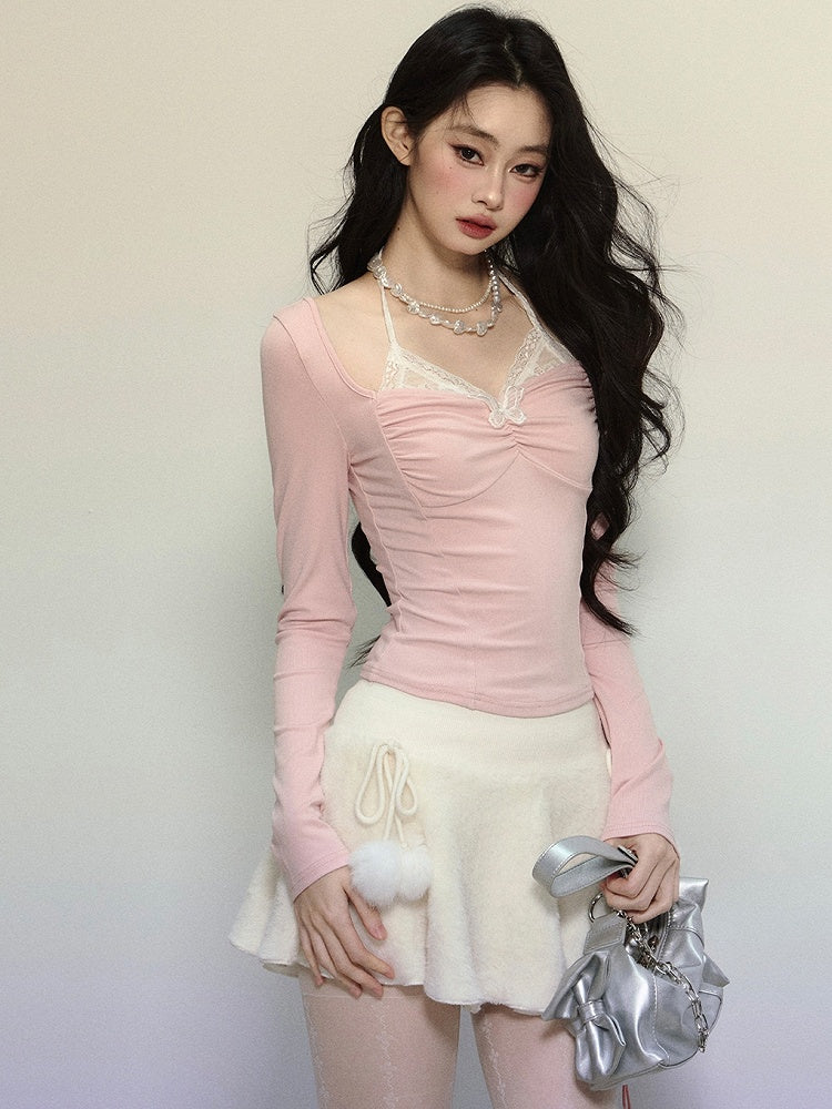 Pink Lace Butterfly Cutout Halter Neck Long Sleeves Top