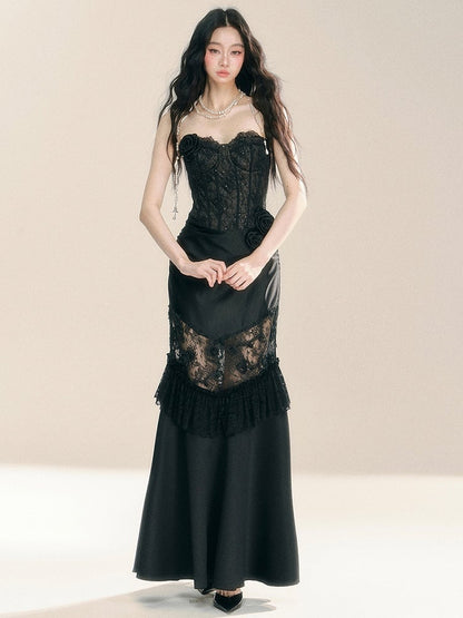 Black Floral Lace Corset Bodice Patchwork Dress Evening Gown