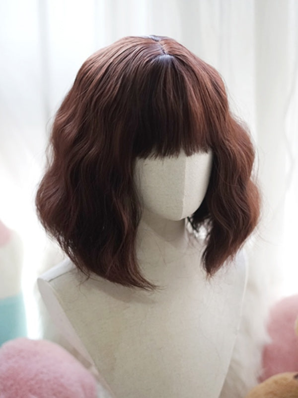 Dark Brown Shoulder Length Wavy Wig With Full Bangs