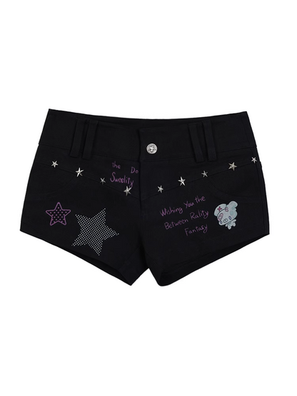 Black Low-Rise Star Studs Graffiti Print Shorts