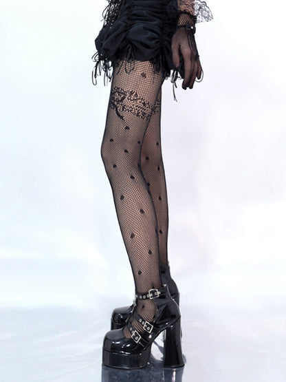 Black / White Bowknot and Polka Dots Pattern Fishnet Tights