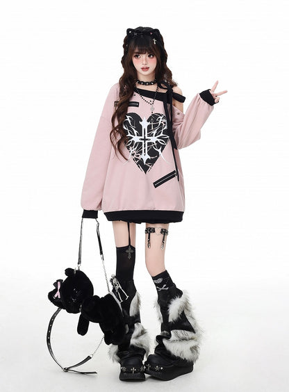 Pink Asymmetrical Neckline Self-tie Strap Heart and Cross Sweatshirt