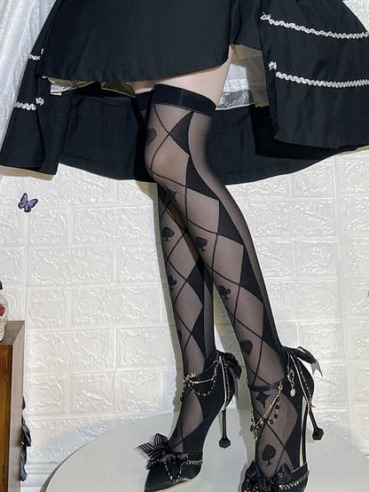 Bas au-dessus du genou à motif de losanges noir et blanc et de poker, style Alice au pays des merveilles