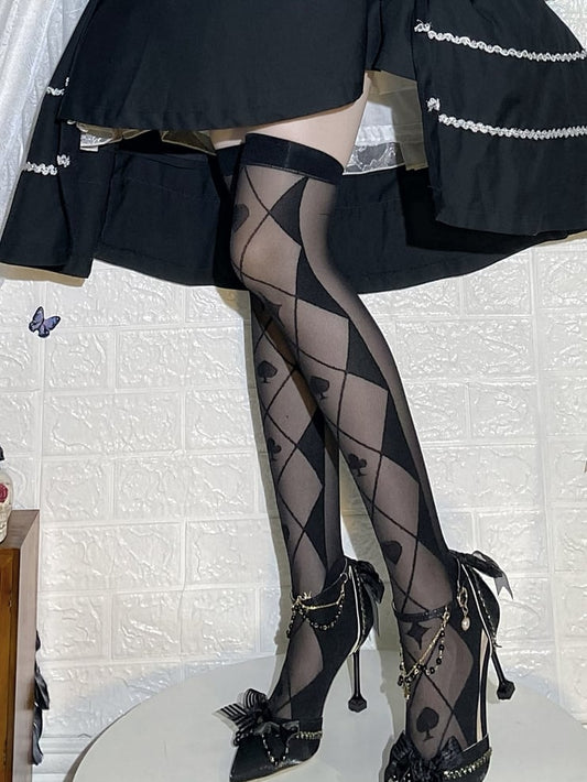 Bas au-dessus du genou à motif de losanges noir et blanc et de poker, style Alice au pays des merveilles