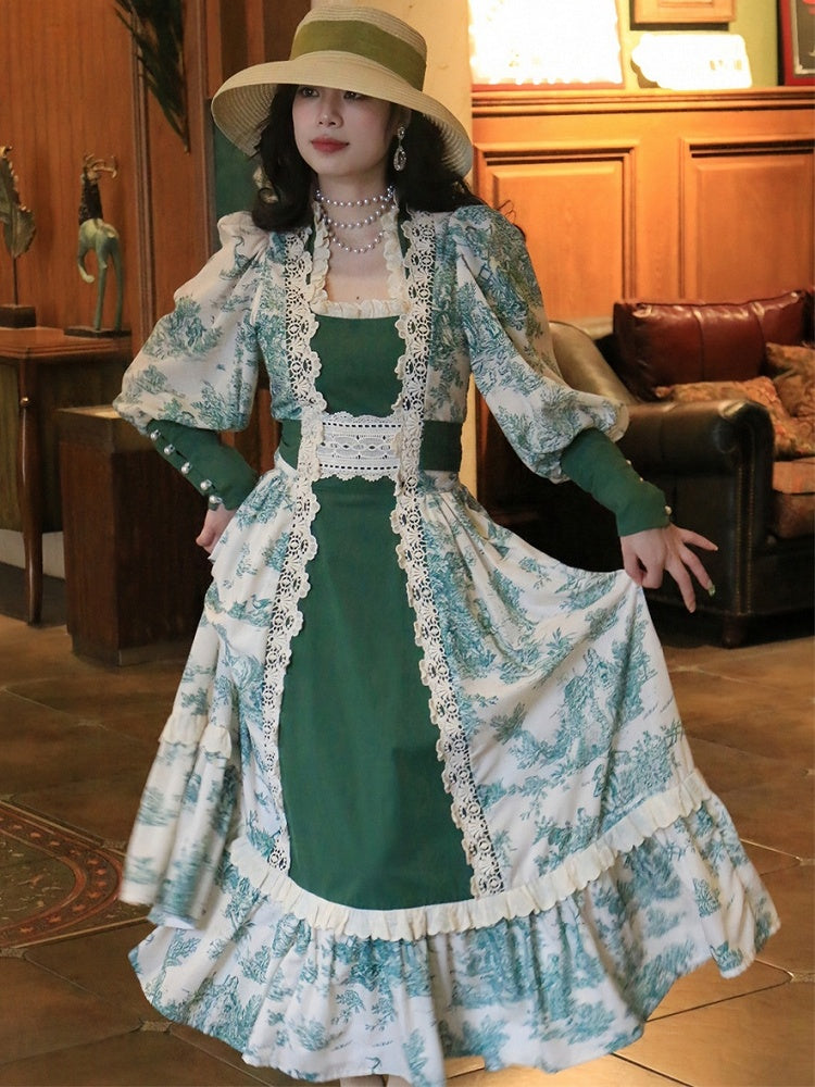 Robe vintage vert foncé à encolure carrée et manches gigot en dentelle florale