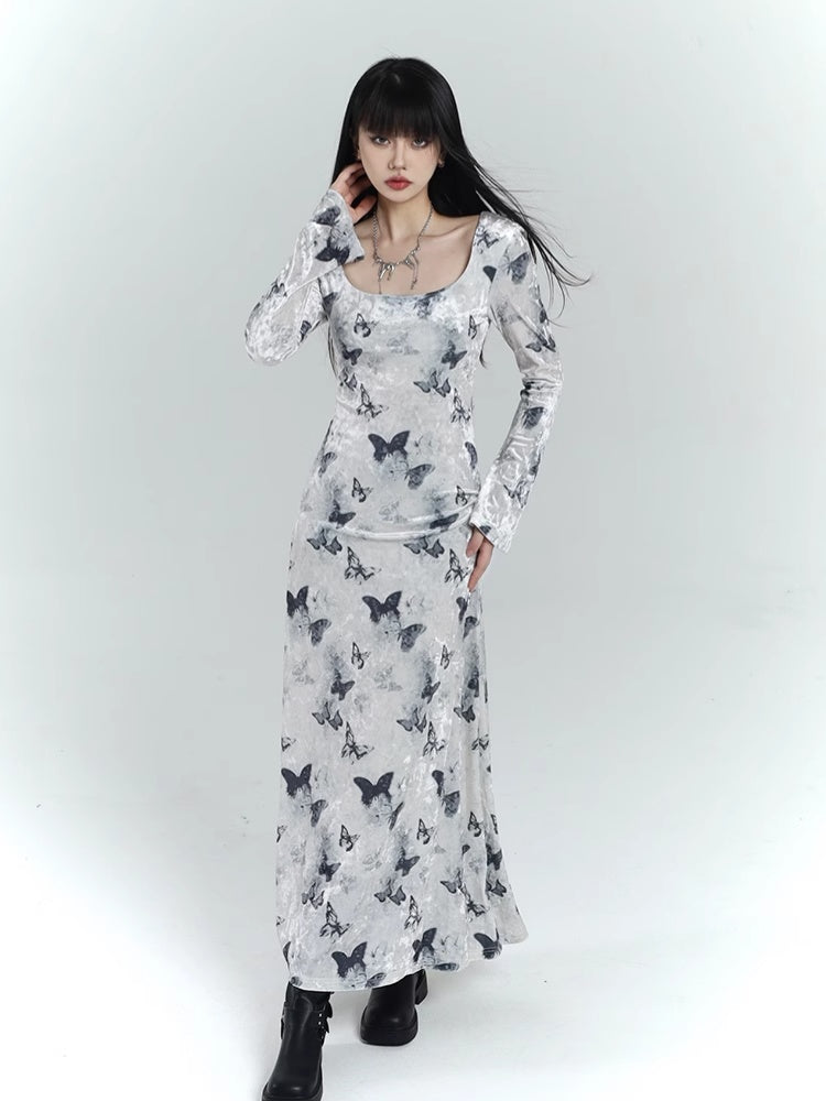 Robe moulante en velours blanc à imprimé papillon