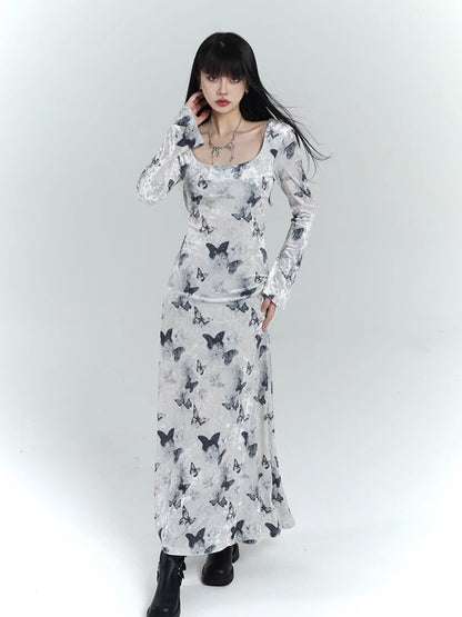Robe moulante en velours blanc à imprimé papillon