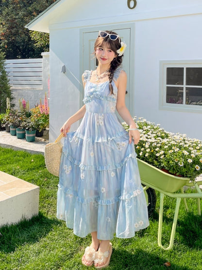 Floral Embroidery Tiered Blue Chiffon Flutter Skirt Sleeves Sleeveless Dress