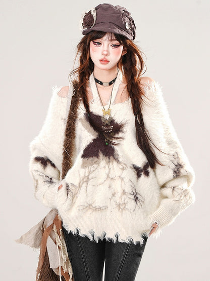 Apricot/Black Butterflies Halter Neck Mohair Loose Sweater
