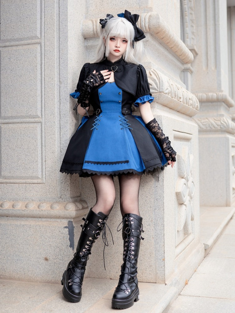 Black and Dark Blue Punk Idol Lolita Dress Lolita Cropped Top Set