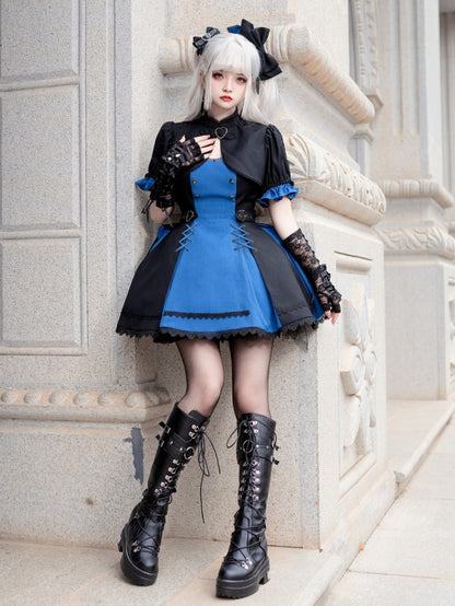 Black and Dark Blue Punk Idol Lolita Dress Lolita Cropped Top Set