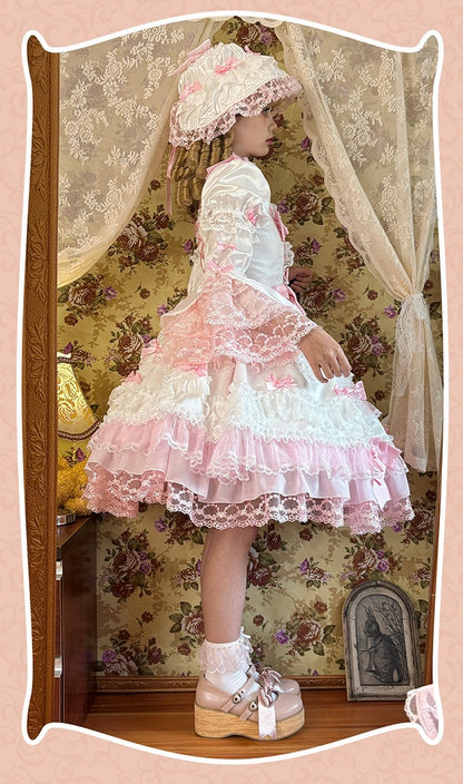 Kleid hoch, süß, rosa, mit weißen Taillenärmeln, abnehmbarer Lolita-Schleife, Prinzessinnen-Akzente
