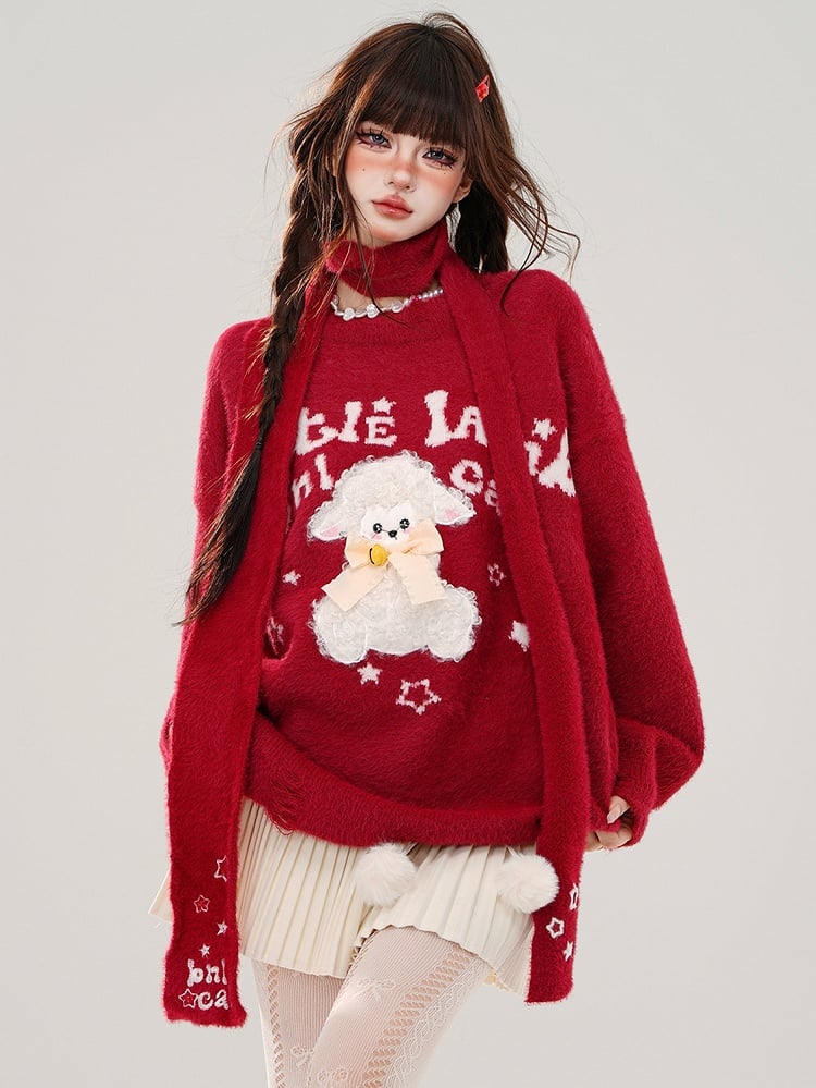 Red/Black Cute Lamb Appliques Loose Sweater with Free Scarf