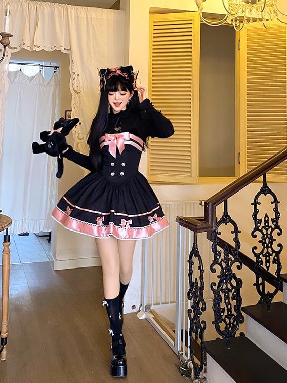 Black and Pink Cat Ears Bow Accents Basque Waist Sweet Dress Lolita Jumper Skirt