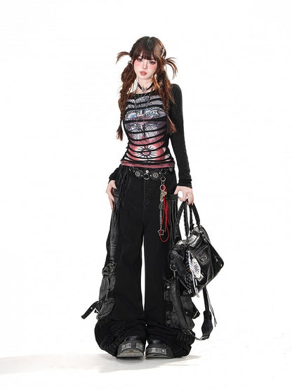 Black/White Round Neck Punk Glamorous Graphic Top