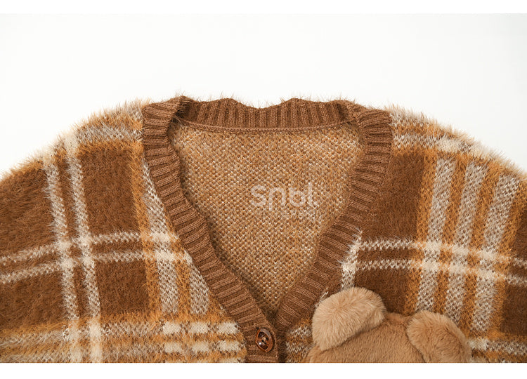 Brown Cute Cookie Bear Adorned Plaid Loose Cardigan