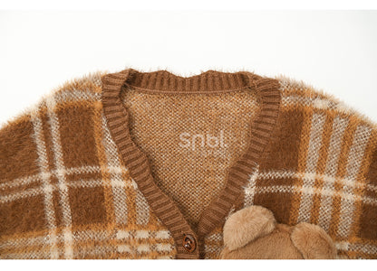 Brown Cute Cookie Bear Adorned Plaid Loose Cardigan