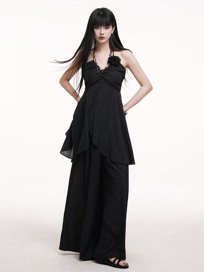 Top Bust Detail Ruched with Slit Cami Center Gothic Black Halter