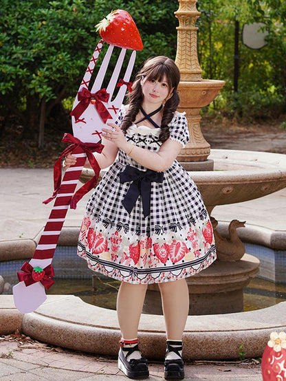 Black Strawberry Print Plus Lolita Gingham and Dress Bow Size