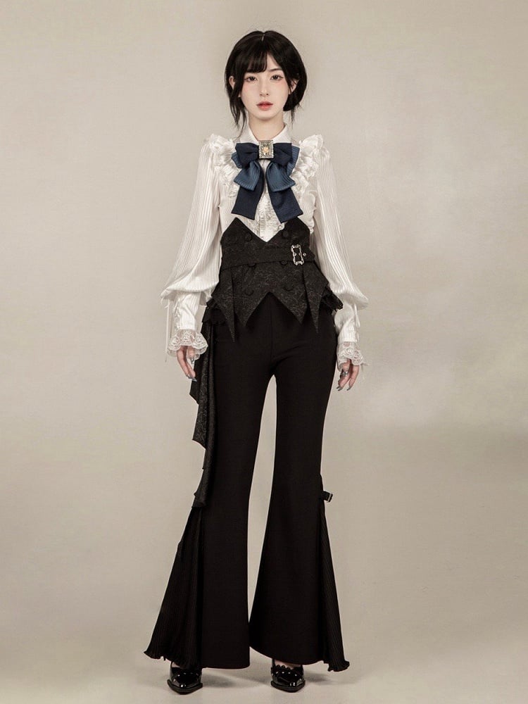 Flared Black Buckle Pants Cuffs and Pleated