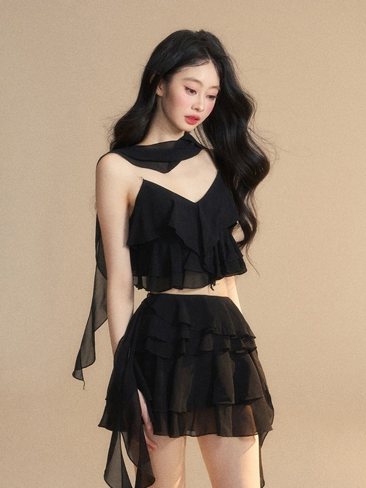 Tiered Skirt Asymmetrical Ruffled Hem Slim-fitting Mini Black Chiffon