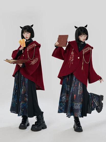 Red New Year Outfit Details Unisex Hooded Cape Coat