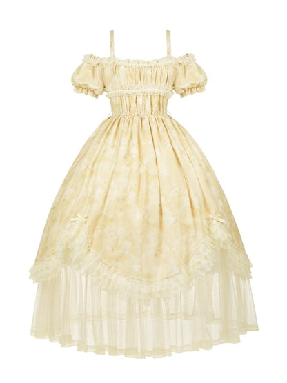 Light and Dress High Waist Lolita Butterfly Neckline Versatile Yellow Bows Print