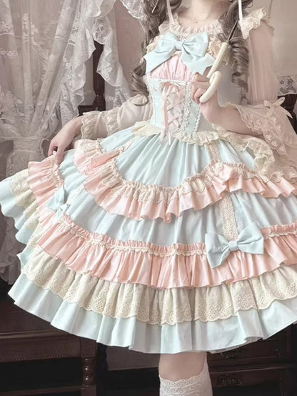 and Candy JSK Lace-up Front Scalloped Edge Sweet Lolita Dress Blue Color Pink