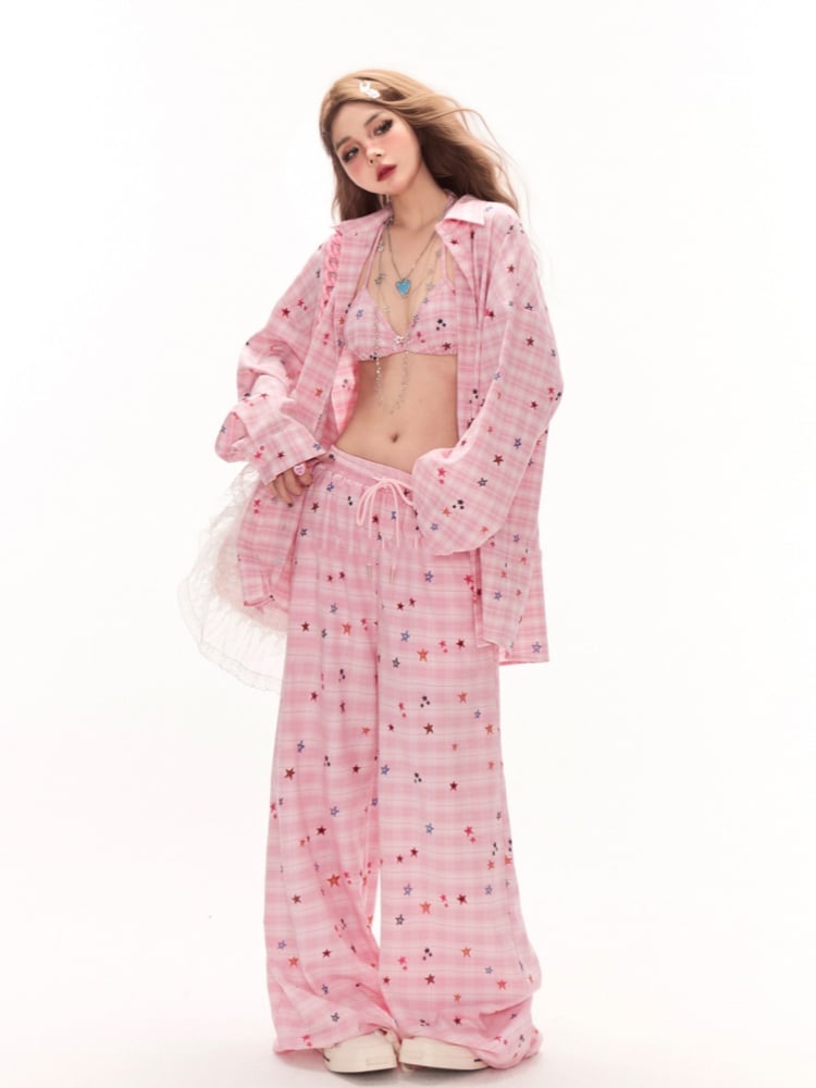 Pink Star Pattern Drawstring Waist Wide-Leg Plaid Pants