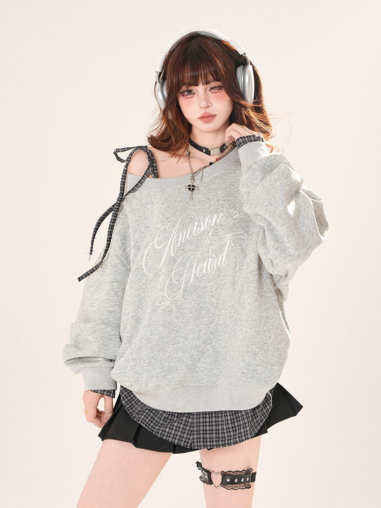 Sweatshirt zum Binden, asymmetrischer Ausschnitt, karierter Saum, schwarz/grauer Schultergurt