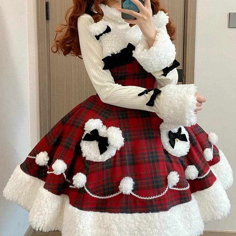 Red Plaid Pattern Winter Bunny Theme Christmas Lolita Dress Plush Neckline and Hemline