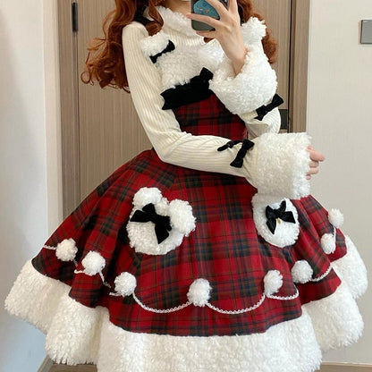 Red Plaid Pattern Winter Bunny Theme Christmas Lolita Dress Plush Neckline and Hemline